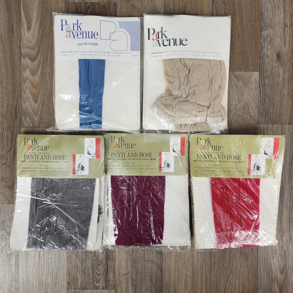 Vintage Park Avenue Pantyhose Lot 5 Prs Opaque Sheer Navy Red Grey Burgundy Bone